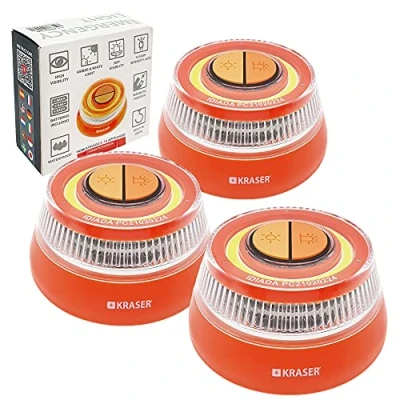 Imagen de KRASER KR4V16NP3 Pack 3 Luz Carretera Naranja, Holomogada DGT LED Intensidad, Baliza Luminosa de Emergencia Imantada, Autónoma, Pilas Incluídas, Compacta Linterna con Colgador