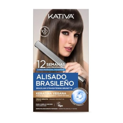 Imagen de Kativa Kit Alisado Brasileño para Cabello Oscuro Teñido o con mechas Nueva fórmula Keratina Vegana Tratamiento Profesional en Casa Hasta 12 Semanas de duración Fácil aplicar