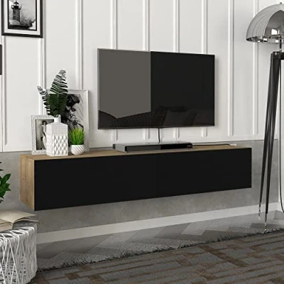 Imagen de [en.casa] Mesa TV Flotante Mueble Suspendido con 2 Compartimientos Puertas Abatibles Aglomerado 135 x 31 25 cm Roble/Negro