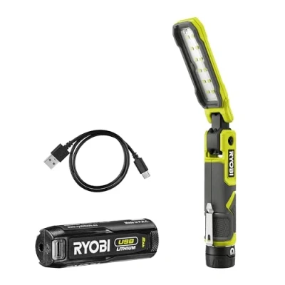 Imagen de RYOBI Lámpara de trabajo (4 V, USB litio, 3 intensidades: 500/250/100 lúmenes, base magnética, cable C 1 batería 4 2,0 Ah, RLI4 120G
