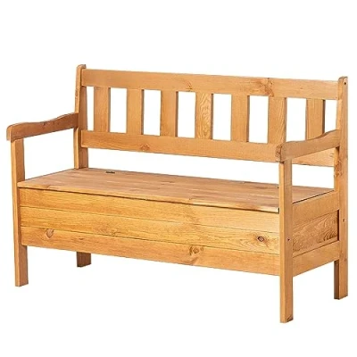 Imagen de KADAX banco de jardín, 120 x 47 81,5 cm, madera con espacio almacenamiento y respaldo, resistente a la intemperie para balcón (120 cm/marrón)