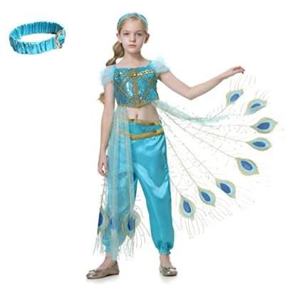 Imagen de Lito Angels Disfraz Vestido de Princesa Jazmin para Niñas, Conjunto Top con Capa Tren Pavo Real, Diadema y Pantalones, Talla 11 a 12 años