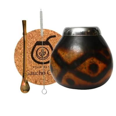 Imagen de Gaucho Cebar Juego de calabaza natural para té Yerba Mate Taza y pajita acero inoxidable Bombilla Straw Accessories almohadilla corcho cepillo, color marrón