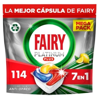 Imagen de Fairy Platinum Plus Todo en 1, Pastillas Lavavajillas, 114 Capsulas Limpieza Profunda y Extra Brillo, Fragancia Limon