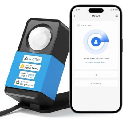 Imagen de Matter Detector de Presencia Negro, Sensor con Cable, Wi Fi Movimiento App notificaciones, Soporta HomeKit, Alexa, Google Home y Assistant, No Requiere Hub