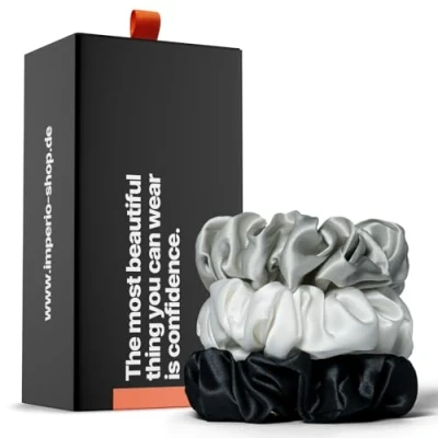 Imagen de IMPERIO Scrunchies de seda en exclusiva caja regalo, gomas pelo premium 100% morera pura calidad 22 mommes, suaves para el cabello contra la rotura del (Classic)