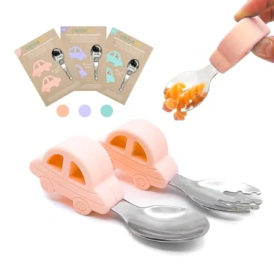 Imagen de CROCOKID® Set Cubiertos Bebe/Cubiertos aprendizaje Bebe 1 año/Cuchara + Tenedor para Coche de Bebe/Vajilla y Infantil, Silicona Acero Inoxidable MELOCOTÓN