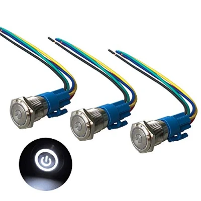 Imagen de QitinDasen 3Pcs Premium 12V / 24V 5A Interruptor de Botón Autoblocante, 16mm Metálico, LED Blanco Pulsador Impermeable IP67 con Enchufe Cable