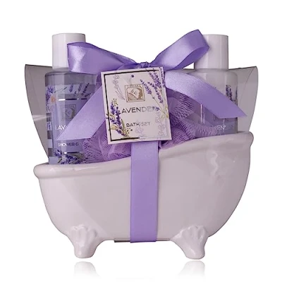 Imagen de Accentra set de ducha regalo para mujer LAVANDA en una hermosa bañera cerámica cuidado 3 piezas con gel ducha, loción corporal y esponja red bienestar