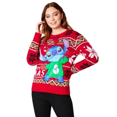 Imagen de Disney Stitch Jersey Navideño Mujer, Suéter de Navidad Regalos para Mujeres y Adolescentes (Rojo Stitch, S)