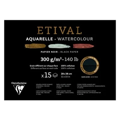 Imagen de Clairefontaine 975323C Bloque encolado 1 lado papel acuarela Etival 15 hojas negras 28 x 38 cm 300 g doble grano (doble fino y reverso, torchón)
