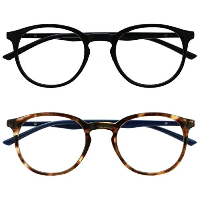 Imagen de OPULIZE Met Gafas Pack de 2 Montura Redonda Negra Marrón Carey Resistente a Arañazos Bisagras Muelle Ordenador Gaming Antirreflejante Hombre Mujer RR60 12 +0.00
