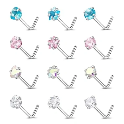 Imagen de 9 12PCS 20g Piercing Nariz Acero Quirurgico Rosa CZ Pendientes en Forma de L Tornillos Conjunto Joyas Mujer/Hombre