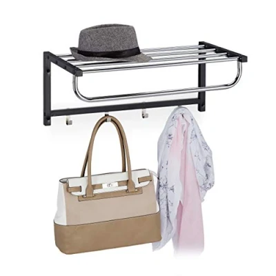 Imagen de Relaxdays Perchero de Pared con Estante, Toallero 4 Ganchos, Baño, Recibidor, Pasillo, Metal, 25 x 60 32,5 cm, Negro