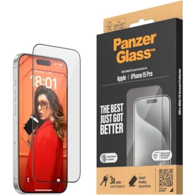 Imagen de PanzerGlass™ Protector de Pantalla resistente a los arañazos para Apple iPhone 15 Pro Ajuste Ultra Amplio y Cristalina, Resistencia Golpes
