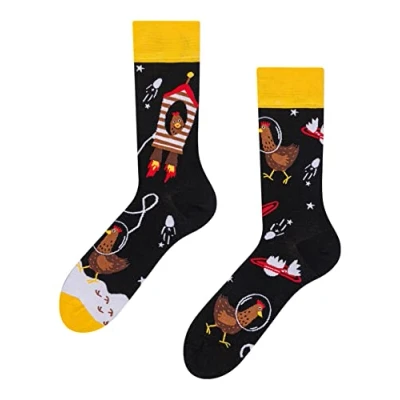 Imagen de Dedoles Calcetines Unisex Hombre Mujer y Niños Algodón muchos diseños divertidos diferente izquierda derecha, color: Negro, diseño: Gallina astronauta, tamaño: 39 42