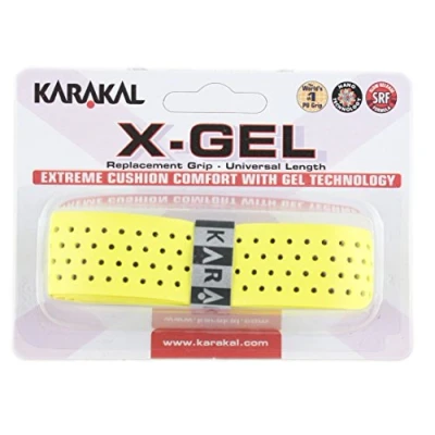 Imagen de Grip para raquetas de tenis, badminton, squash Karakal con tecnología X Gel, color azul y rojo, amarillo