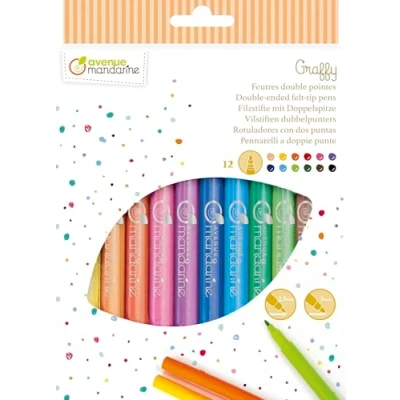 Imagen de Avenue Mandarine Pochette de 12 Double Couleurs Vives Feutres pour Enfants, Encre Lavable en Machine Fine d&#039;un Côté, Pointe Large l&#039;autre Mines Bloquées CC031O