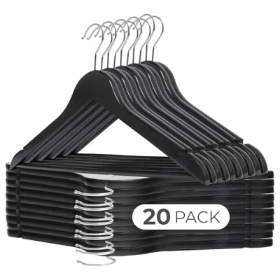 Imagen de COM FORT HOUSE Perchas de Madera Nogal Color Negro Diseño Elegante Maciza con Garra para Trajes Pack 20 Unidades Gancho Acero Inoxidable Giratorio