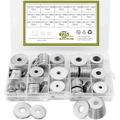 Imagen de 225 arandelas planas, acero inoxidable 304, surtido de seguridad, tuercas disco metal, 15 tamaños M3/M4/M5/M6/M8/M10/M12/arandelas metal (plateada)