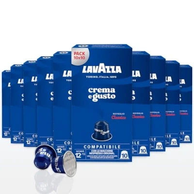 Imagen de Lavazza, Crema e Gusto Classico, Cápsulas de Café Compatibles con Máquinas Nespresso Original, Notas Especias y Cacao, Arábica Robusta, Intensidad 12/13, Tueste Ligero, 10 Paquetes x