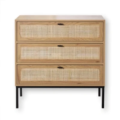 Imagen de Cómoda 3 Cajones Efecto Madera con Rejilla De Ratán L80 X P39 Cm Jaya