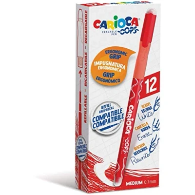 Imagen de CARIOCA Oops Rojos Set Bolígrafos Borrables Recargables con Tapa para el Colegio, Universidad y Oficina Doble Goma Incorporada Agarre Ergonómico, 12 Uds