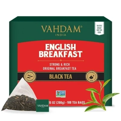 Imagen de VAHDAM, English Breakfast Té Negro (100 Piramidales Bolsitas De Té) Fuerte, Robusto Y Sabroso Ingredientes 100% Naturales, Envasado Fresco En La India Caliente, Frío O Como Kombucha