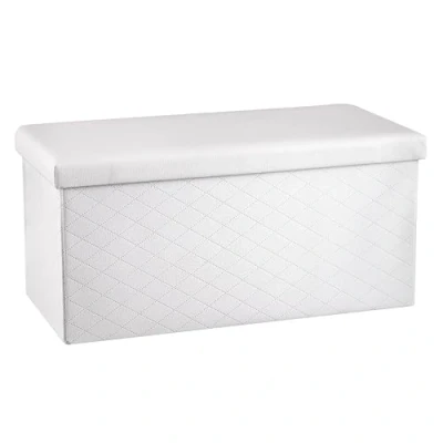 Imagen de Baroni Home Baúl Plegable, Contenedor de Almacenaje, Reposapiés 76x38x38 cm, Cuero Sintético, Blanco