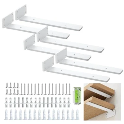 Imagen de Juego de 6 soportes flotantes para estantería, 25 cm, resistentes ángulos estantería (4 mm), metal grueso, blancos con moderno acabado hierro, color blanco