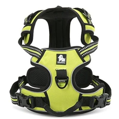 Imagen de WINHYEPET Arnés para Perros True Love, sin tirón, con Clip Frontal, arneses Coche, Ajustables asa, Cuatro Puntos de Ajuste, Material Oxford Acolchado Reflectante, TLH5651 (Amarillo neón, L)