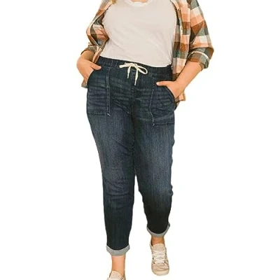 Imagen de behound Blue Pull on Denim Joggers, Womens Drawstring Elastic Waist Stretch Jeans with Pockets (M,Dark)
