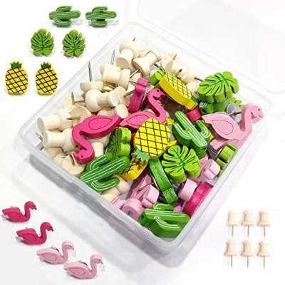 Imagen de 70 Stück Holz Push Pins Flamingo Ananas Kaktus Palmblatt Gemischte dekorative Reißnägel Süße für Fotos Wand, Karten, Pinnwand, Korktafeln