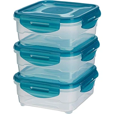 Imagen de Amazon Basics Contenedores herméticos sellados con tapa de plástico sin BPE, apilables y aptos para frigorífico/congelador, microondas lavavajillas. Conjunto 3 piezas 0.8 l, traslúcido