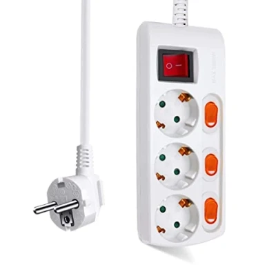 Imagen de EXTRASTAR Regleta con 3 Enchufes + Interruptor Individuales, 1 Principal, 3680W, 250V, 1.5M, Blanco, 1pcs