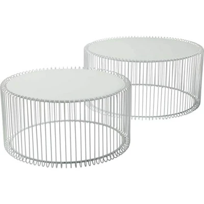 Imagen de Kare Design mesa auxiliar Wire (2/set), blanca, diámetro 70cm, auxiliar, mesilla de noche, estructura acero, tablero cristal, 34x70x70 cm (H/W/D)