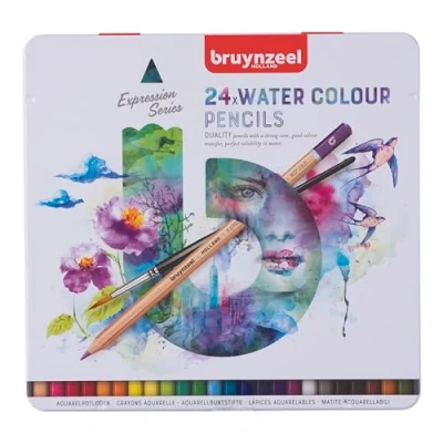 Imagen de Bruynzeel Expression Watercolor Pencils Set of 24 + Brush in Tin Lápices solubles en agua para adultos, Bullet Journaling