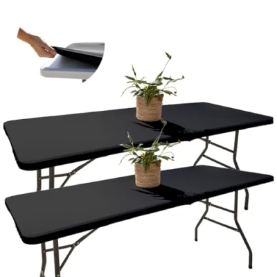 Imagen de Glop 2 Manteles Mesa Rectangular 182x76, Tela Negro Elástico, Ajustable, Repelente al Agua, Antiarrugas, Ideal para Exterior, Jardín, Camping y Ajuste Elastico Funda Plegable, Resistente