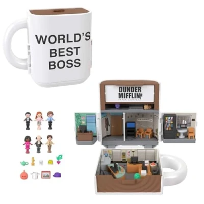 Imagen de Polly Pocket x “The Office“ Estuche con seis muñequitos de personajes y nueve accesorios Juguete colaboración coleccionable, un exterior forma taza café, JCC19