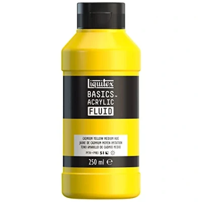 Imagen de Liquitex Basics Fluid Pintura acrílica de consistencia fluida, secado rápido, resistente a la luz, impermeable, acabado satinado permanente, bote 250 ml, tono amarillo cadmio medio