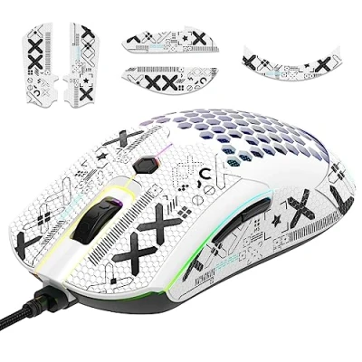 Imagen de MAMBASNAKE [Kit de actualización] Ratón para Juegos liviano con Cinta Agarre Mouse, PixArt PAW3325 12000DPI Alto Rendimiento Super Light 65G USB RGB Ratones programables Blanco