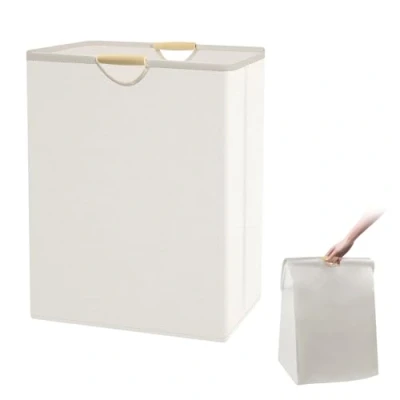 Imagen de VFANDV Cesto Beige Gran, 60L Ropa Plegable Portátil Bolsa Sucia, para con Mango de Madera Salas Estar, Habitaciones Niños, Baños, Dormitorios, Viajes