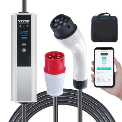 Imagen de VEVOR Cargador Portátil para Vehículos Eléctricos Tipo 2 IEC6219 Coche Eléctrico 16 A 3,68 kW Monofásico 11 Cable de Carga Trifásico 7,5 m CEE Enchufe LCD IP66 con Bolsa Gancho