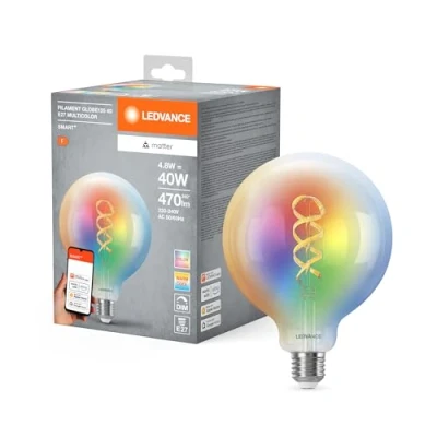 Imagen de LEDVANCE Lámpara LED SMART+ MATTER, compatible con Google, Alexa, Apple, cristal blanco, 4,8W, 470lm, base E27, función RGBW y luz blanca, control por app o voz, vida útil de hasta 15.000 horas