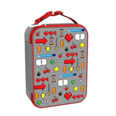 Imagen de ION8 Bolsa Termica Porta Alimentos, Cremallera Fácil Acceso en 3 Lados, Bolsillo Externo para Botellas, Acolchado y Forrado Lavable, Parche de Nombre, Poliéster, Videojuegos Diseño Impreso