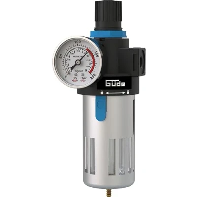Imagen de Güde Filtro reductor de presión 1/4 (rosca conexión IG 1/4&quot;, máxima trabajo 10 bar, para montaje en compresores/conductos aire comprimido, con separador agua, válvula drenaje y