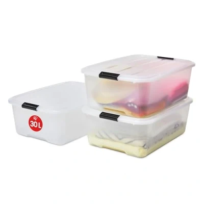 Imagen de Iris Ohyama 3 Cajas de almacenaje con tapa y cierres a presión, 30L, Transparente, apilables, encajables, contenador para ropas, juguetes, hogar, oficina armario, organizar espacio, plástico,