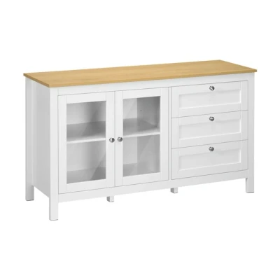 Imagen de HOMCOM Aparador para Salón Armario Auxiliar con 2 Puertas de Vidrio 3 Cajones y Estante Ajustable Cocina Comedor Pasillo 120x40x70 cm Blanco