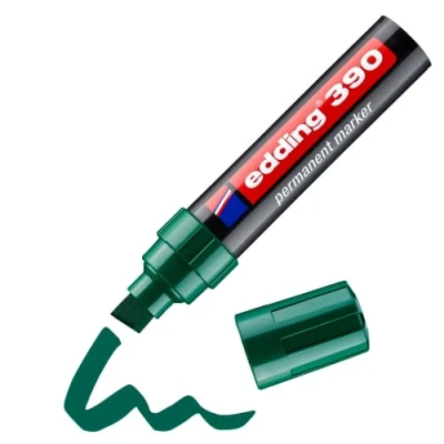 Imagen de edding 390 marcador permanente verde 1 rotulador punta biselada ancha 4 12 mm resistente al agua, secado rápido multiuso, universal para cartón, plástico, madera, metal, vidrio, lienzo