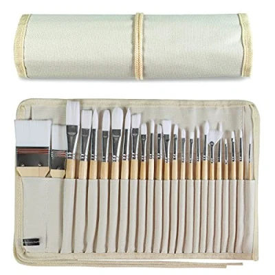 Imagen de Juego de 24 Pinceles Pintura con Mango Madera Estuche Lienzo, Profesional para al óleo, acrílico y Acuarela